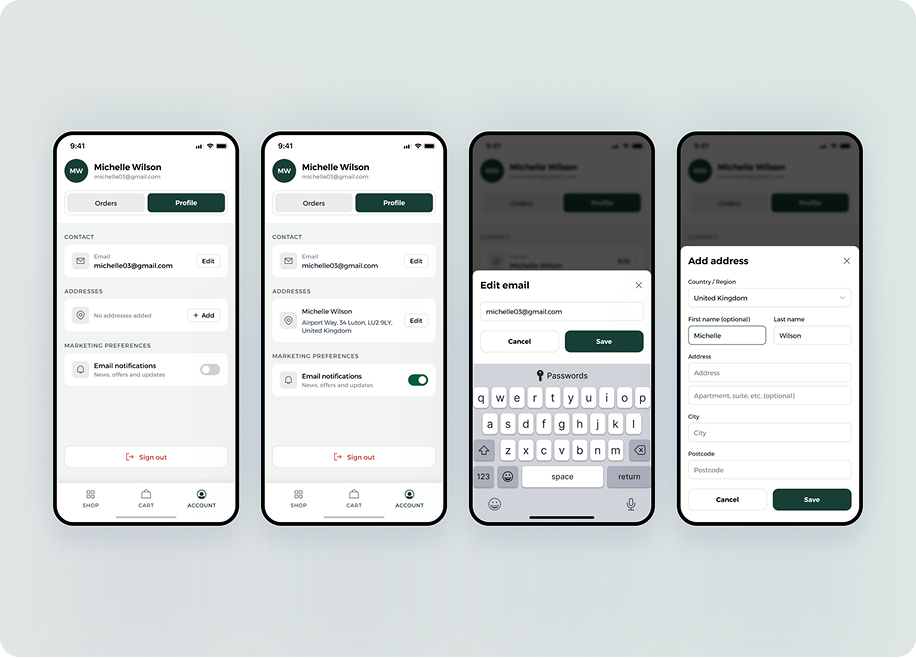 Reborn Packaging profile, email editing, and delivery address screens
